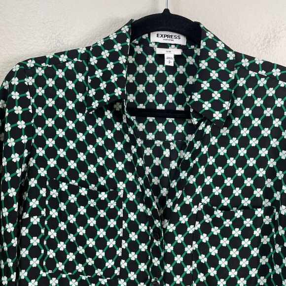 Express Portofino Shirt Small Slim Fit Four Leaf Clover Blouse Roll Tab Sleeve - Picture 2 of 7